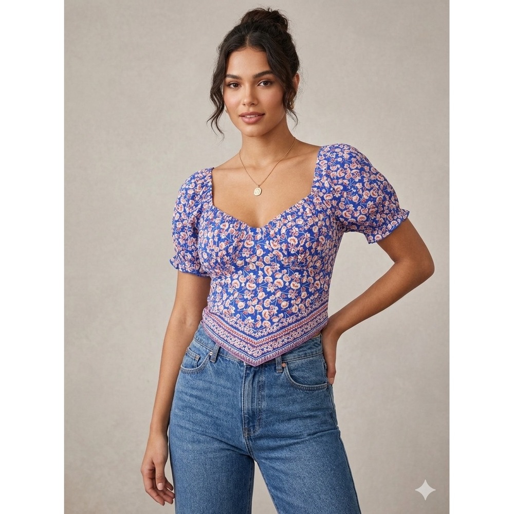 Japna Floral Crop Top M‎ Puff Sleeve Ruched Boho Cottagecore Milkmaid Boho Indie